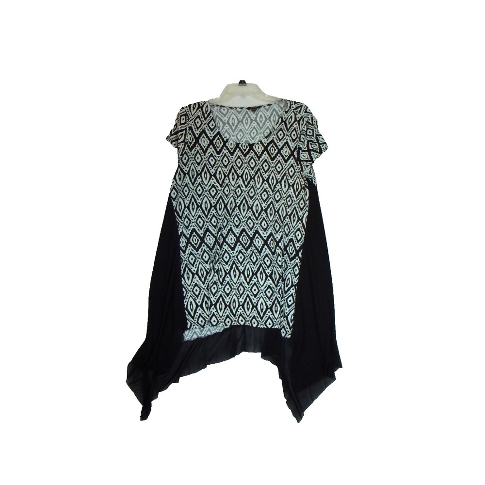 Cupio Women's XL Tunic High-Low Hem Round‎ Neckline Black Geometric Sheer Sides